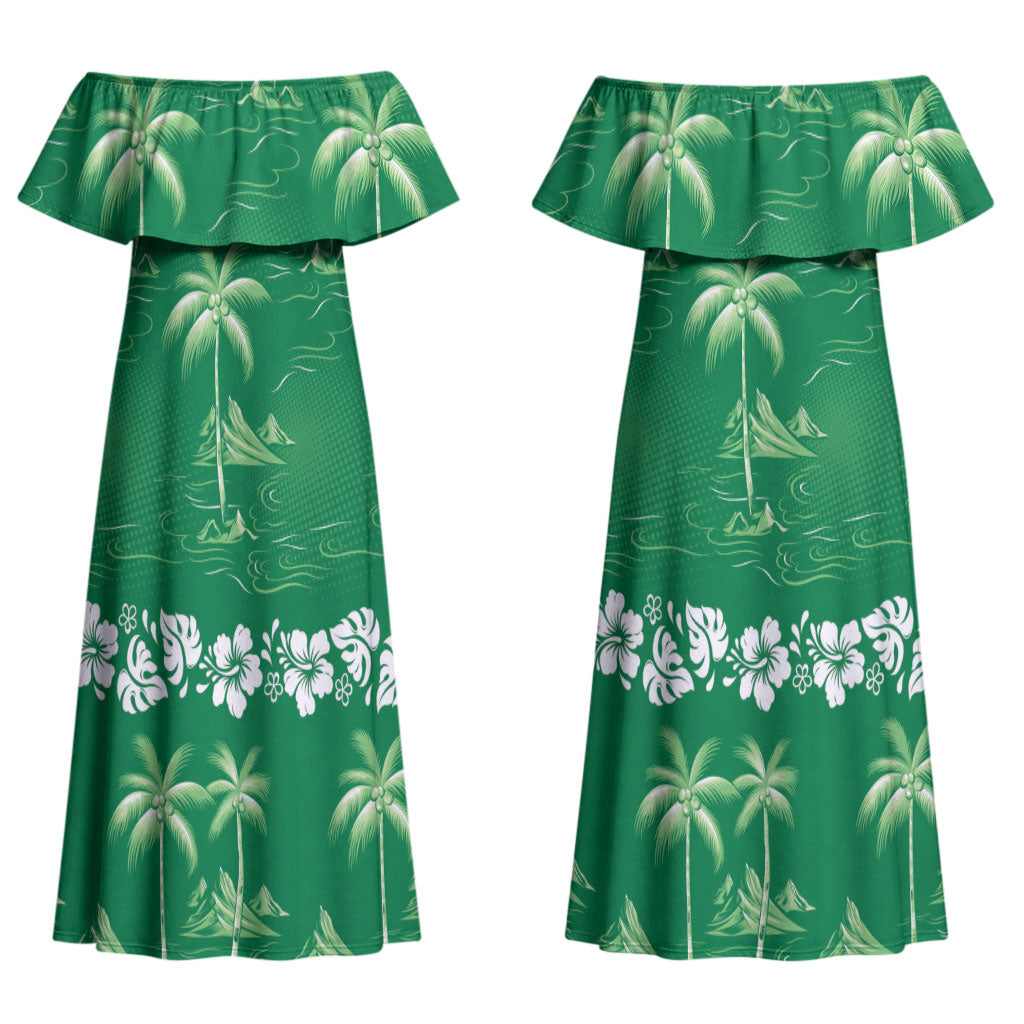 Green Hawaii Palm Tree Hibiscus Couples Matching Off Shoulder Maxi Dress and Long Sleeve Button Shirt Fantasy Summer Vibe LT01 - Polynesian Pride