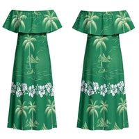 Green Hawaii Palm Tree Hibiscus Couples Matching Off Shoulder Maxi Dress and Long Sleeve Button Shirt Fantasy Summer Vibe LT01 - Polynesian Pride
