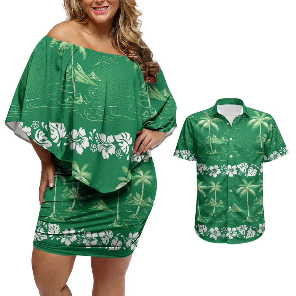 Green Hawaii Palm Tree Hibiscus Couples Matching Off Shoulder Short Dress and Hawaiian Shirt Fantasy Summer Vibe LT01 Green - Polynesian Pride