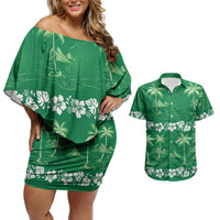 Green Hawaii Palm Tree Hibiscus Couples Matching Off Shoulder Short Dress and Hawaiian Shirt Fantasy Summer Vibe LT01 Green - Polynesian Pride