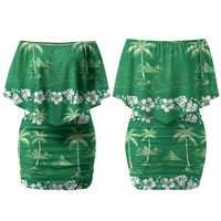 Green Hawaii Palm Tree Hibiscus Couples Matching Off Shoulder Short Dress and Hawaiian Shirt Fantasy Summer Vibe LT01 - Polynesian Pride