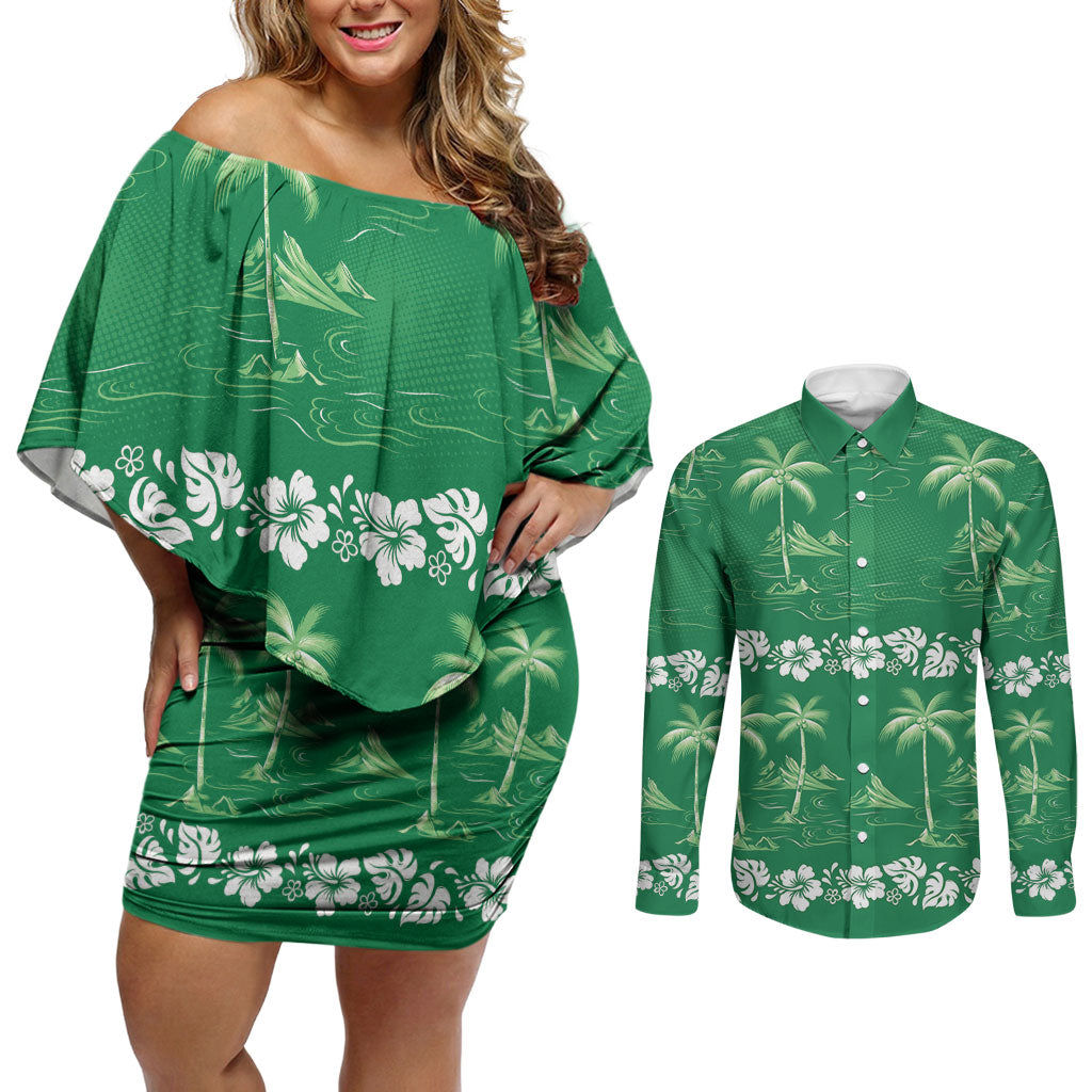 Green Hawaii Palm Tree Hibiscus Couples Matching Off Shoulder Short Dress and Long Sleeve Button Shirt Fantasy Summer Vibe LT01 Green - Polynesian Pride
