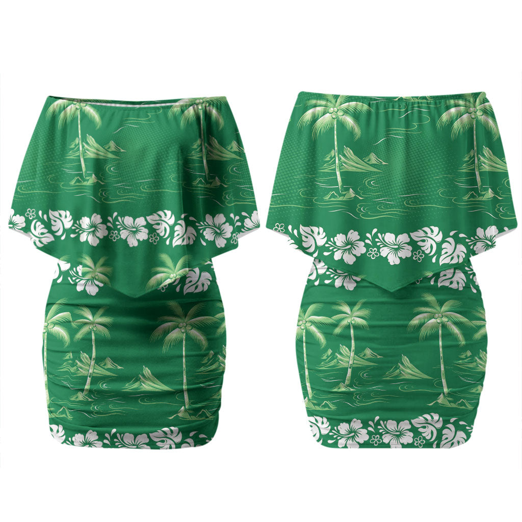Green Hawaii Palm Tree Hibiscus Couples Matching Off Shoulder Short Dress and Long Sleeve Button Shirt Fantasy Summer Vibe LT01 - Polynesian Pride