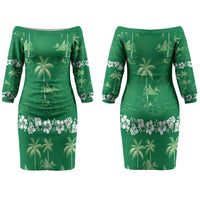 Green Hawaii Palm Tree Hibiscus Couples Matching Off The Shoulder Long Sleeve Dress and Hawaiian Shirt Fantasy Summer Vibe LT01 - Polynesian Pride