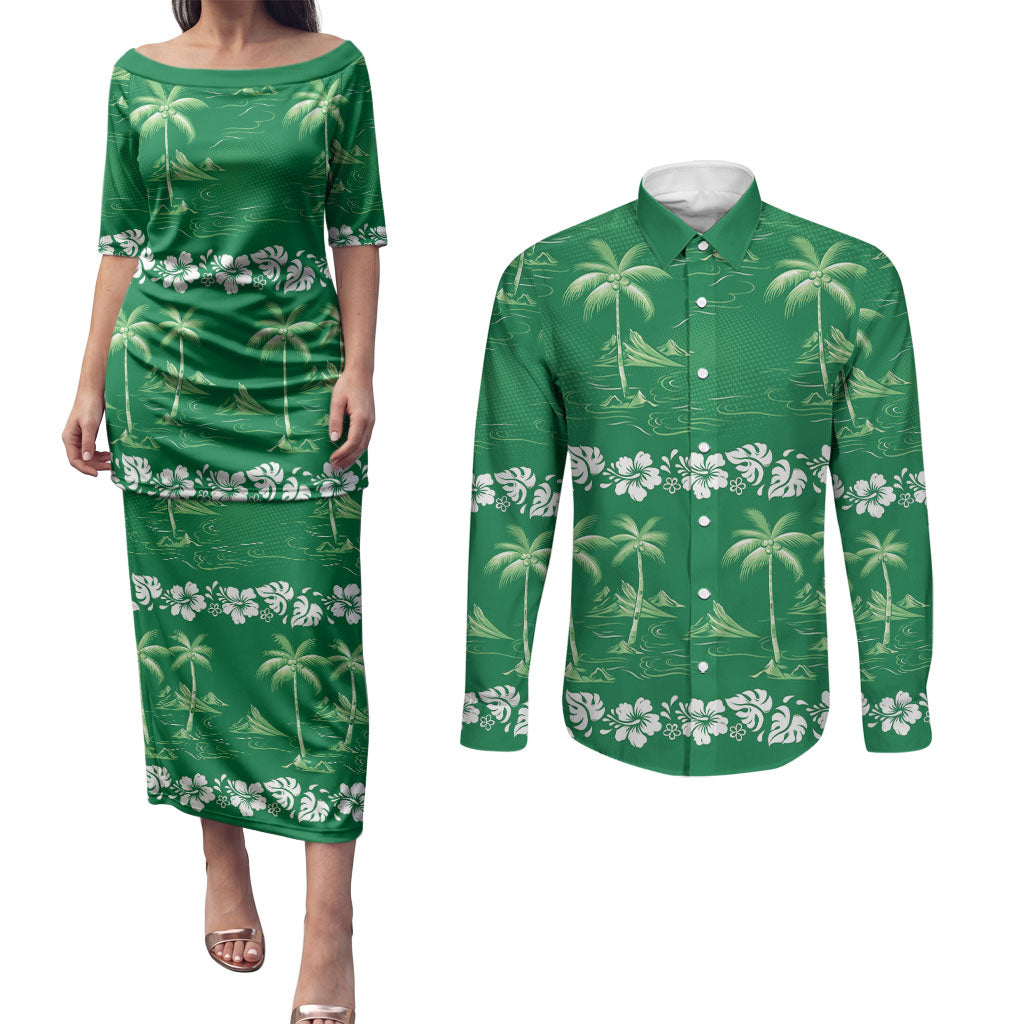 Green Hawaii Palm Tree Hibiscus Couples Matching Puletasi and Long Sleeve Button Shirt Fantasy Summer Vibe LT01 Green - Polynesian Pride