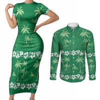 Green Hawaii Palm Tree Hibiscus Couples Matching Short Sleeve Bodycon Dress and Long Sleeve Button Shirt Fantasy Summer Vibe LT01 Green - Polynesian Pride