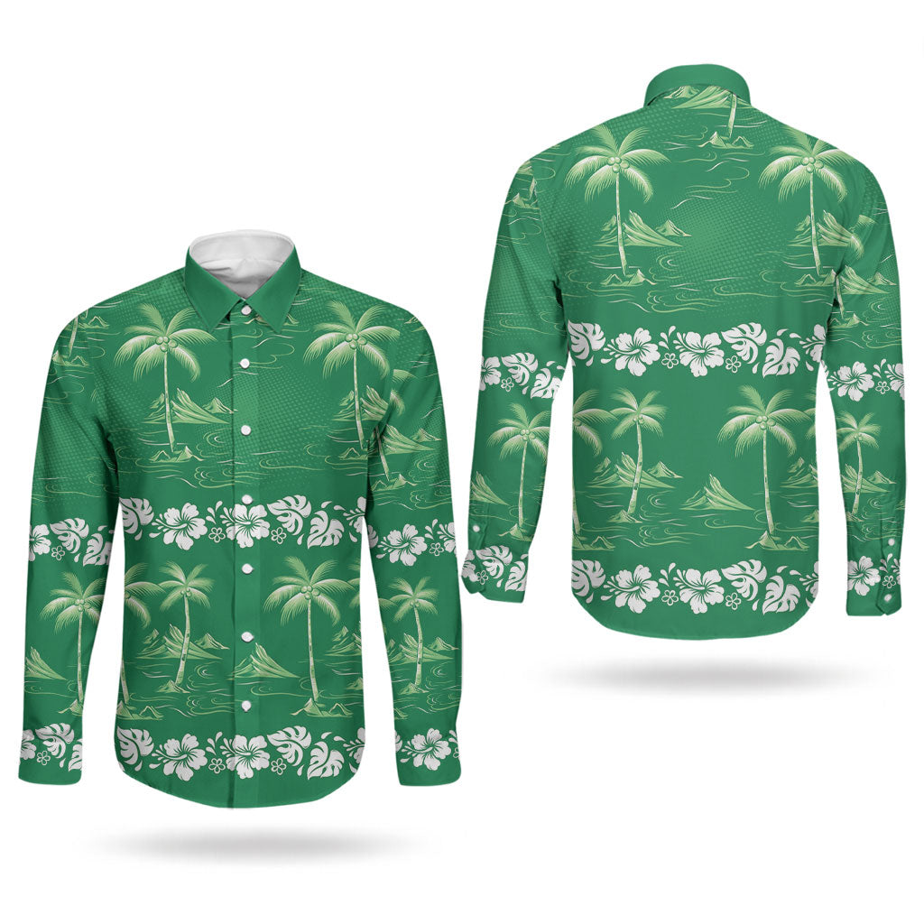 Green Hawaii Palm Tree Hibiscus Couples Matching Short Sleeve Bodycon Dress and Long Sleeve Button Shirt Fantasy Summer Vibe LT01 - Polynesian Pride