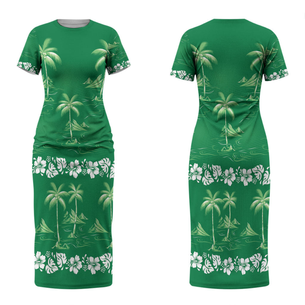 Green Hawaii Palm Tree Hibiscus Couples Matching Short Sleeve Bodycon Dress and Long Sleeve Button Shirt Fantasy Summer Vibe LT01 - Polynesian Pride
