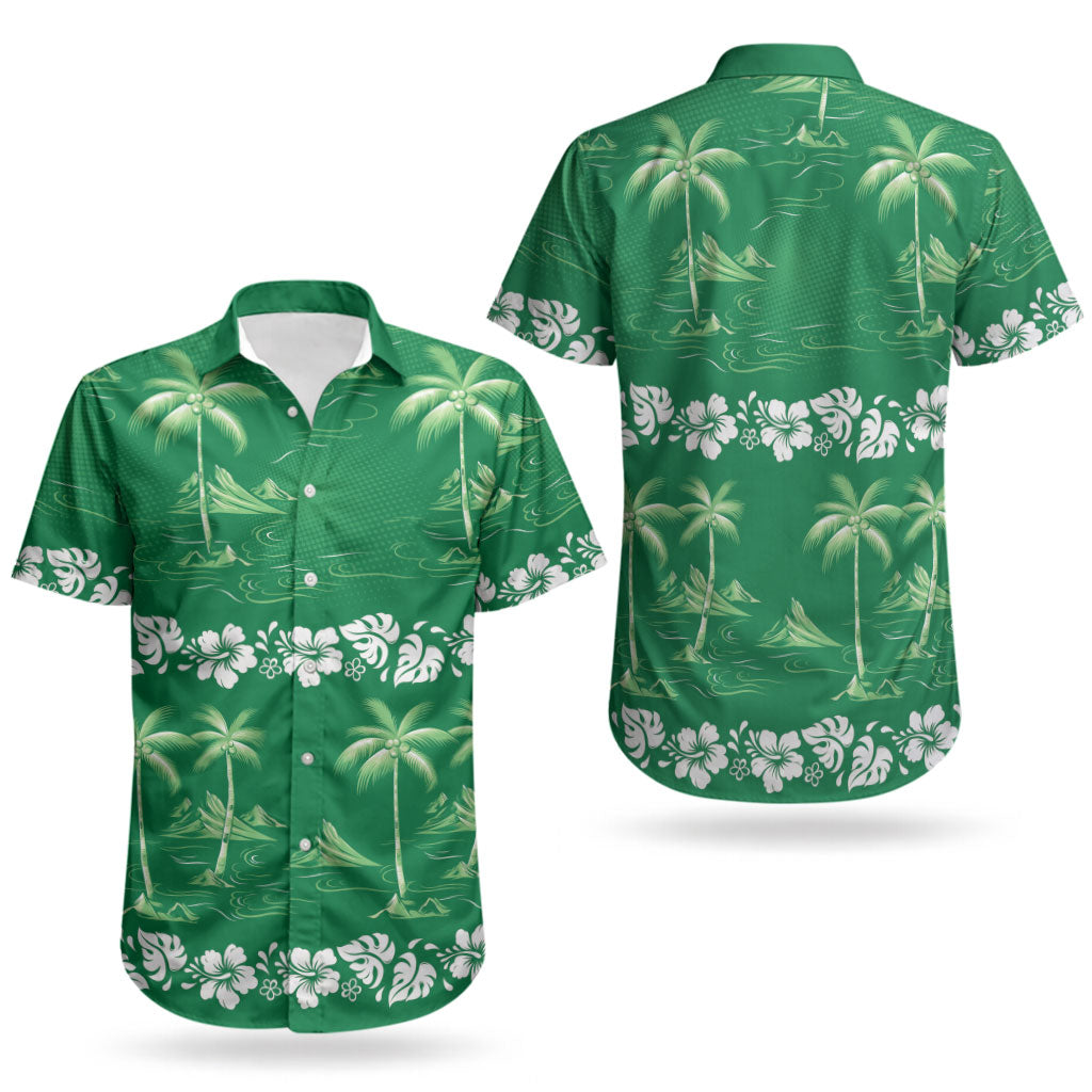 Green Hawaii Palm Tree Hibiscus Couples Matching Summer Maxi Dress and Hawaiian Shirt Fantasy Summer Vibe LT01 - Polynesian Pride