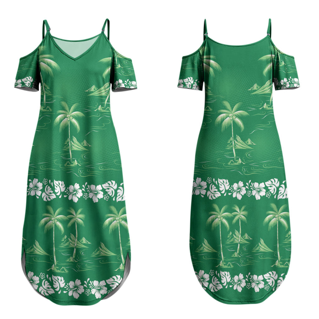 Green Hawaii Palm Tree Hibiscus Couples Matching Summer Maxi Dress and Hawaiian Shirt Fantasy Summer Vibe LT01 - Polynesian Pride