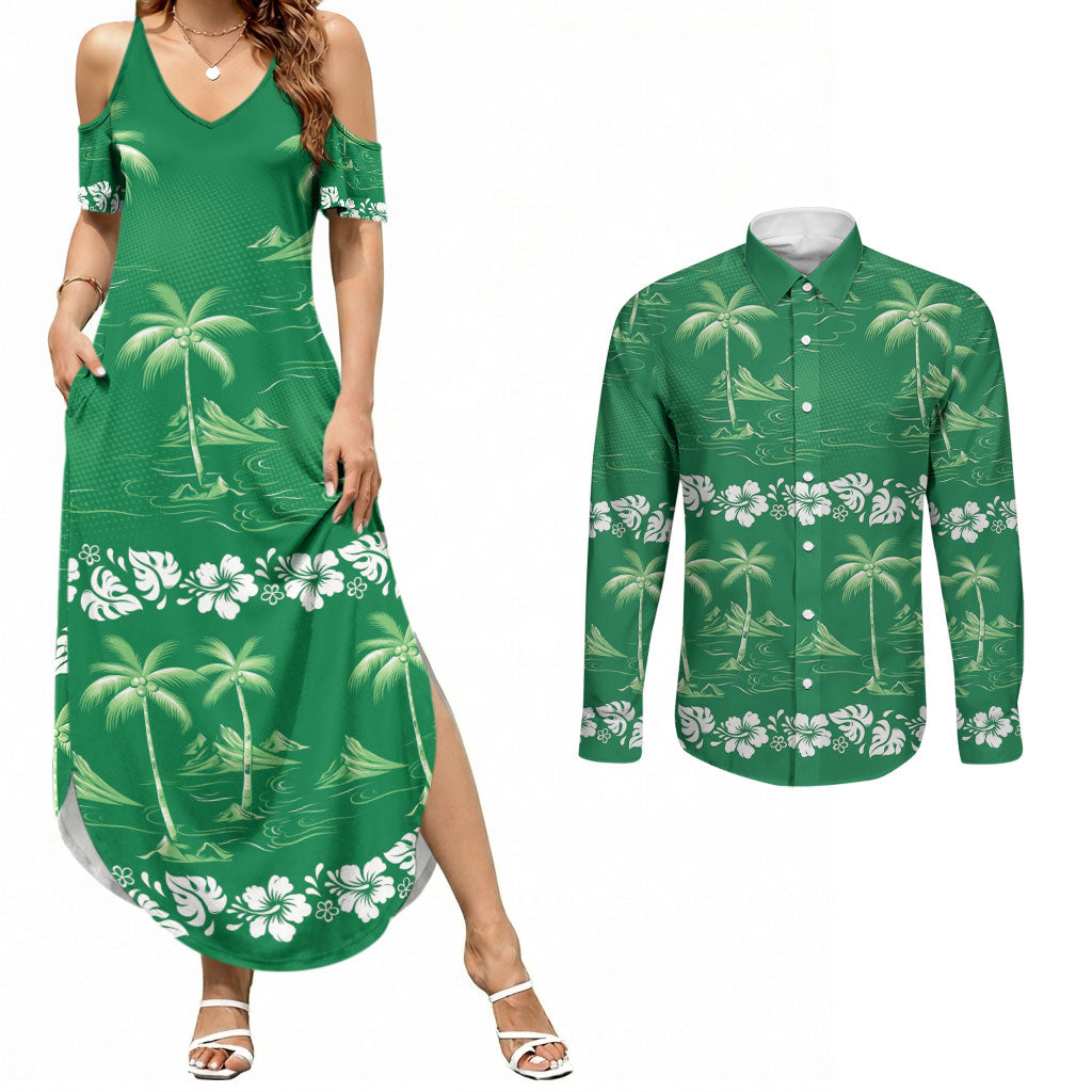 Green Hawaii Palm Tree Hibiscus Couples Matching Summer Maxi Dress and Long Sleeve Button Shirt Fantasy Summer Vibe LT01 Green - Polynesian Pride