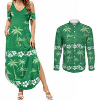 Green Hawaii Palm Tree Hibiscus Couples Matching Summer Maxi Dress and Long Sleeve Button Shirt Fantasy Summer Vibe LT01 Green - Polynesian Pride