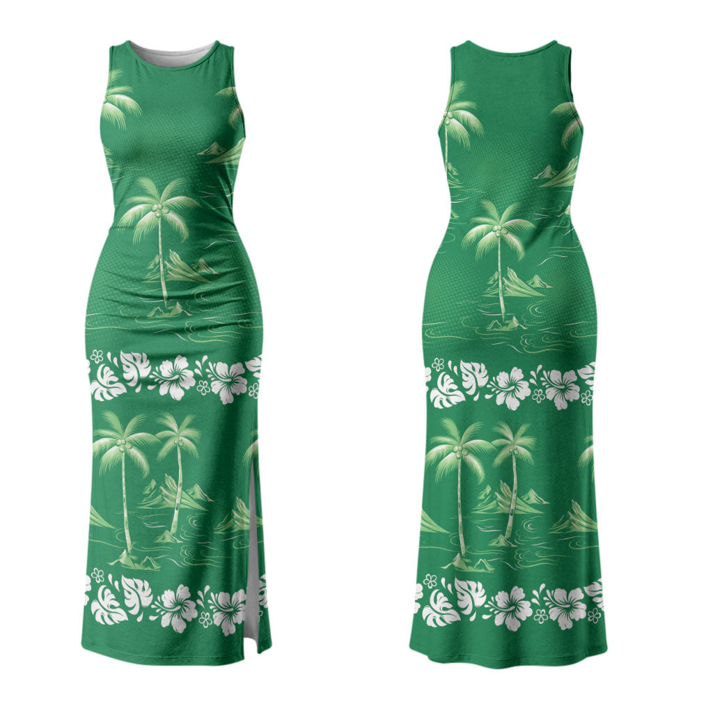 Green Hawaii Palm Tree Hibiscus Couples Matching Tank Maxi Dress and Long Sleeve Button Shirt Fantasy Summer Vibe LT01 - Polynesian Pride