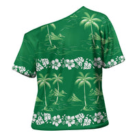 Green Hawaii Palm Tree Hibiscus Cross Shoulder Shirt Fantasy Summer Vibe LT01 - Polynesian Pride