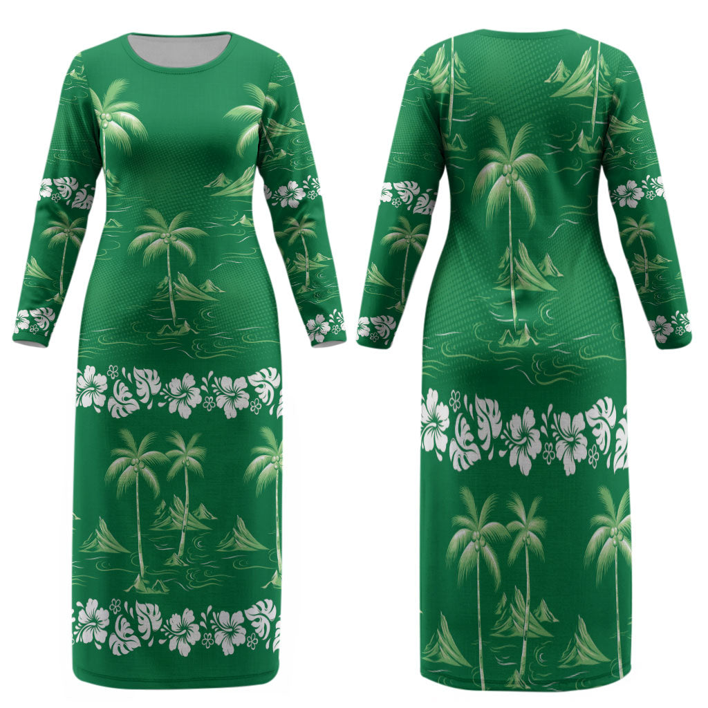 Green Hawaii Palm Tree Hibiscus Family Matching Long Sleeve Bodycon Dress and Hawaiian Shirt Fantasy Summer Vibe LT01 Mom's Dress Green - Polynesian Pride