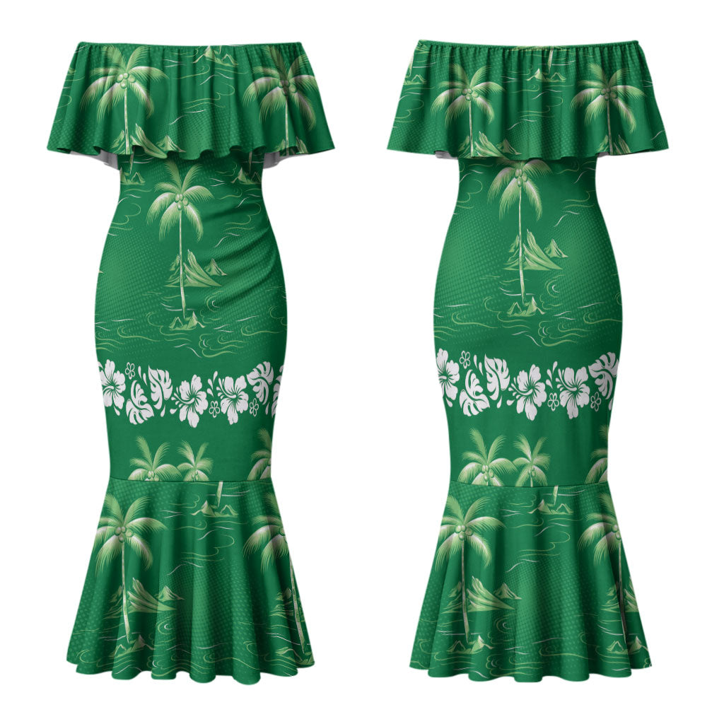 Green Hawaii Palm Tree Hibiscus Family Matching Mermaid Dress and Hawaiian Shirt Fantasy Summer Vibe LT01 Mom's Dress Green - Polynesian Pride