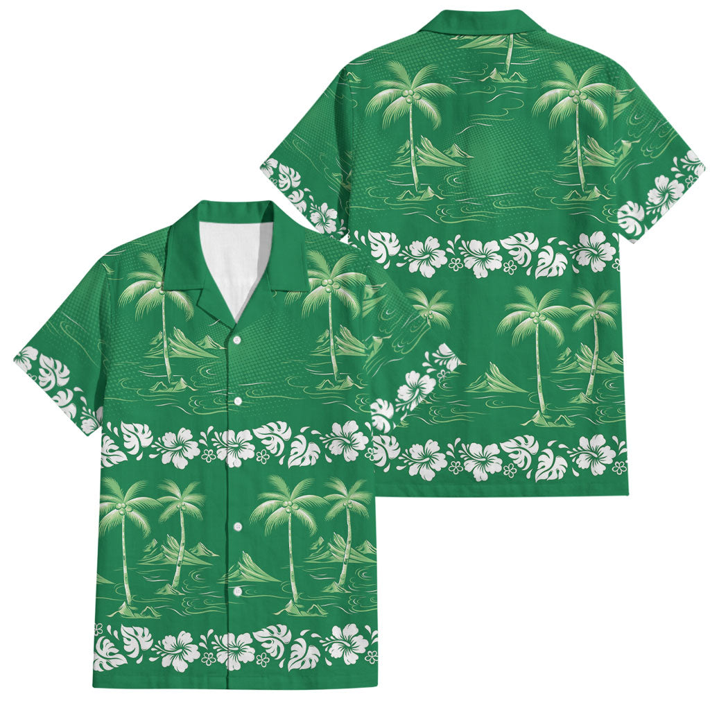 Green Hawaii Palm Tree Hibiscus Family Matching Mermaid Dress and Hawaiian Shirt Fantasy Summer Vibe LT01 Dad's Shirt - Short Sleeve Green - Polynesian Pride