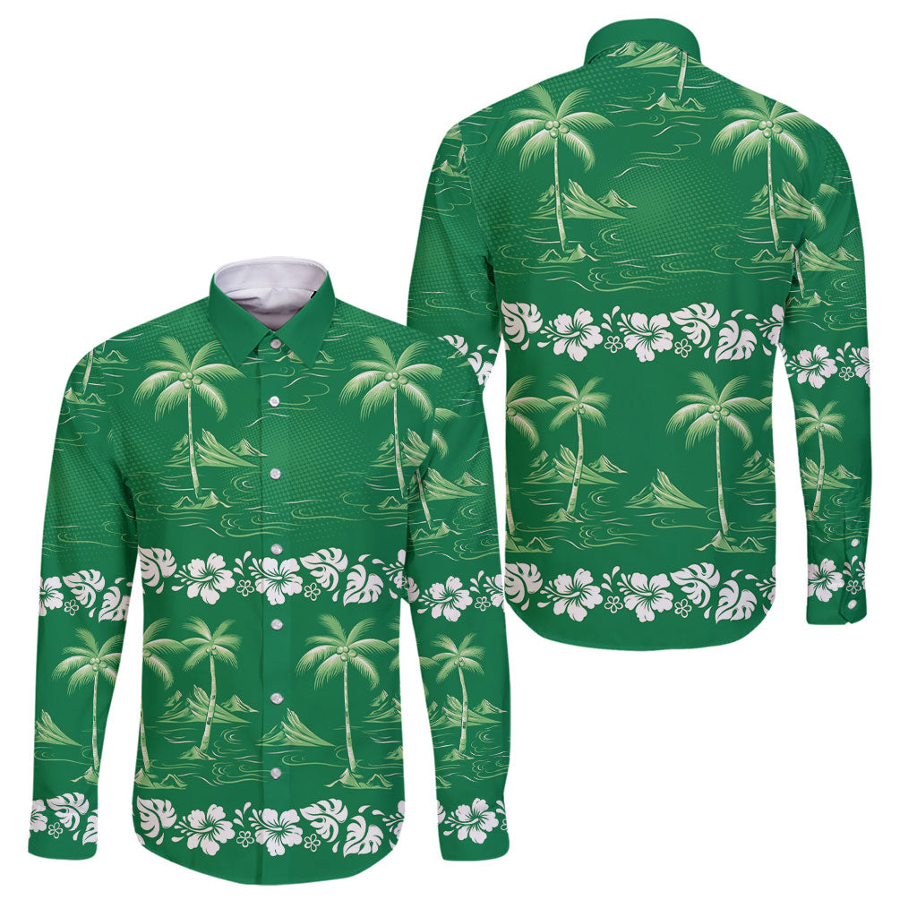 Green Hawaii Palm Tree Hibiscus Family Matching Mermaid Dress and Hawaiian Shirt Fantasy Summer Vibe LT01 Dad's Shirt - Long Sleeve Green - Polynesian Pride