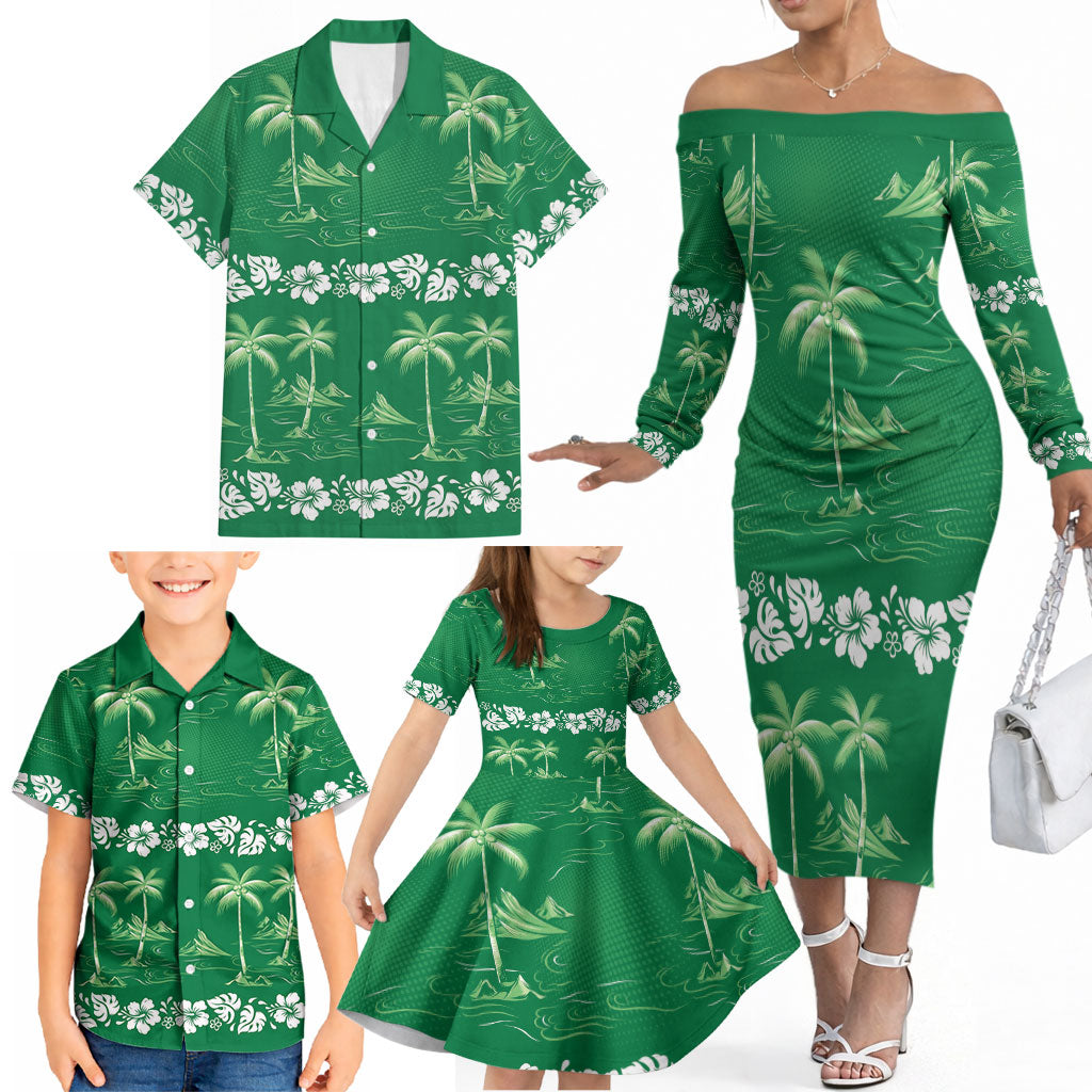 Green Hawaii Palm Tree Hibiscus Family Matching Off The Shoulder Long Sleeve Dress and Hawaiian Shirt Fantasy Summer Vibe LT01 - Polynesian Pride