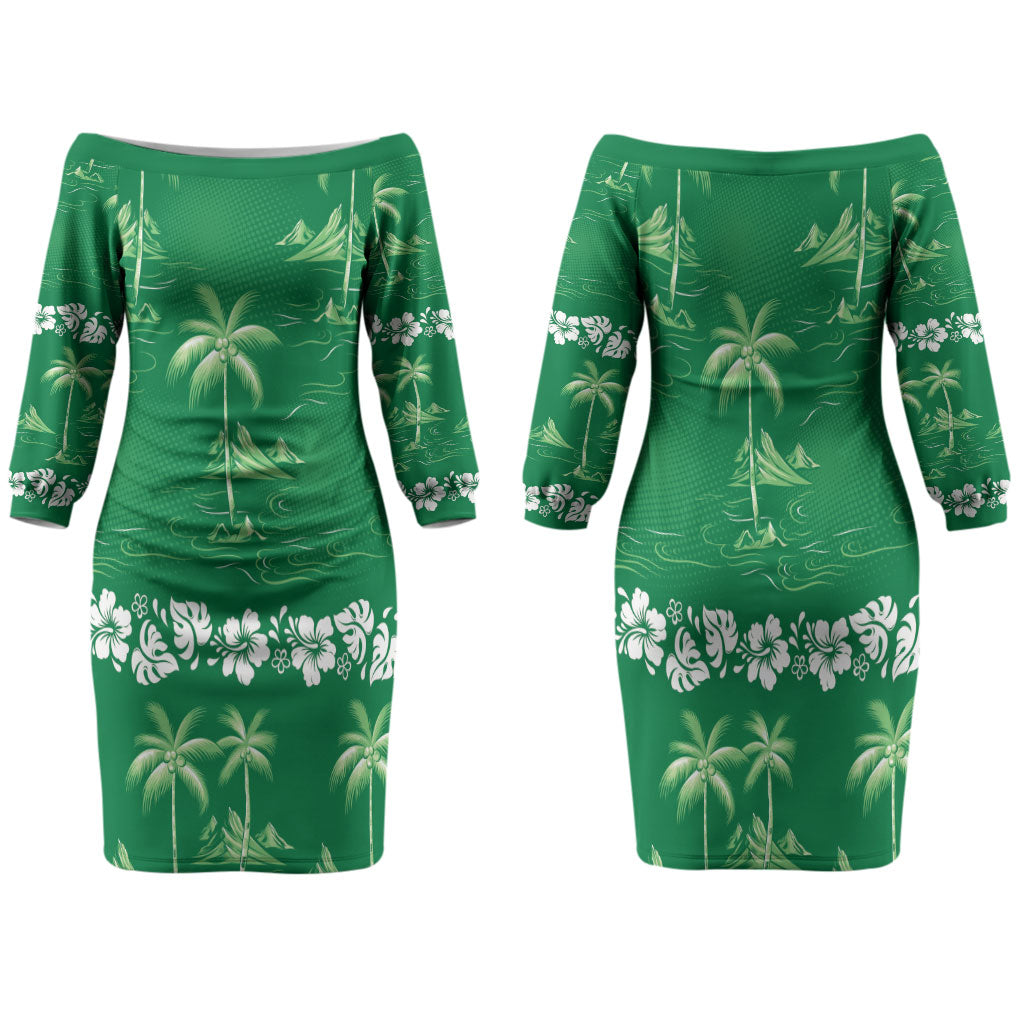 Green Hawaii Palm Tree Hibiscus Family Matching Off The Shoulder Long Sleeve Dress and Hawaiian Shirt Fantasy Summer Vibe LT01 Mom's Dress Green - Polynesian Pride