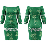 Green Hawaii Palm Tree Hibiscus Family Matching Off The Shoulder Long Sleeve Dress and Hawaiian Shirt Fantasy Summer Vibe LT01 Mom's Dress Green - Polynesian Pride