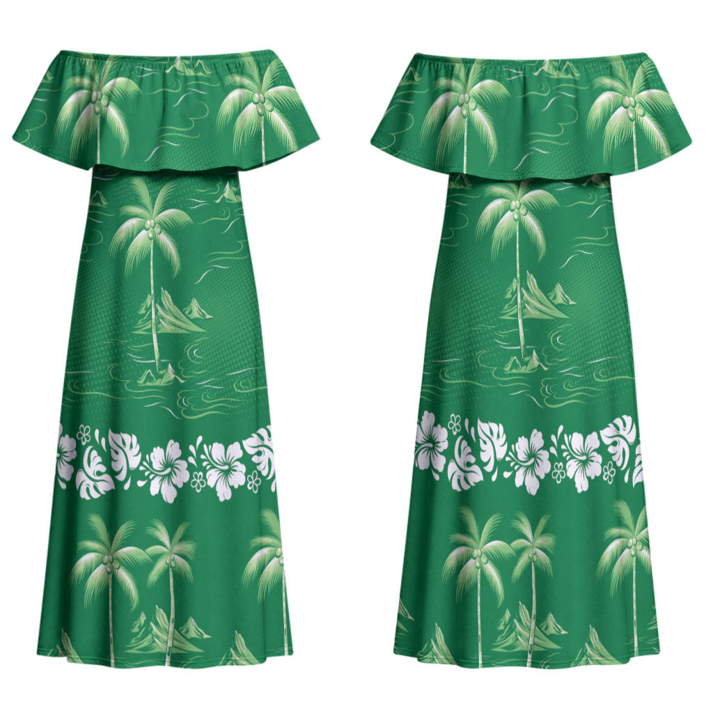 Green Hawaii Palm Tree Hibiscus Family Matching Off Shoulder Maxi Dress and Hawaiian Shirt Fantasy Summer Vibe LT01 Mom's Dress Green - Polynesian Pride