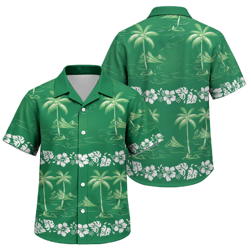 Green Hawaii Palm Tree Hibiscus Family Matching Off Shoulder Maxi Dress and Hawaiian Shirt Fantasy Summer Vibe LT01 Son's Shirt Green - Polynesian Pride