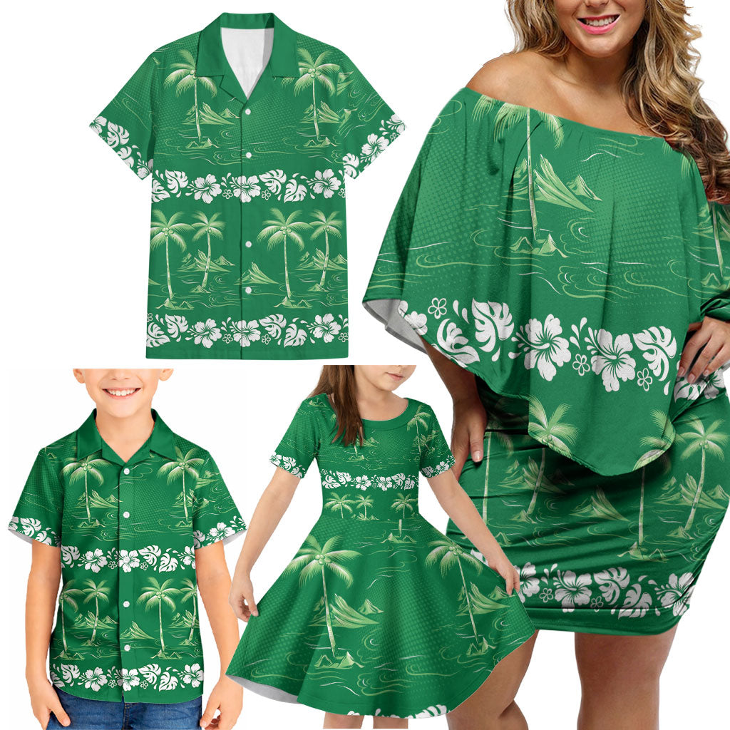 Green Hawaii Palm Tree Hibiscus Family Matching Off Shoulder Short Dress and Hawaiian Shirt Fantasy Summer Vibe LT01 - Polynesian Pride