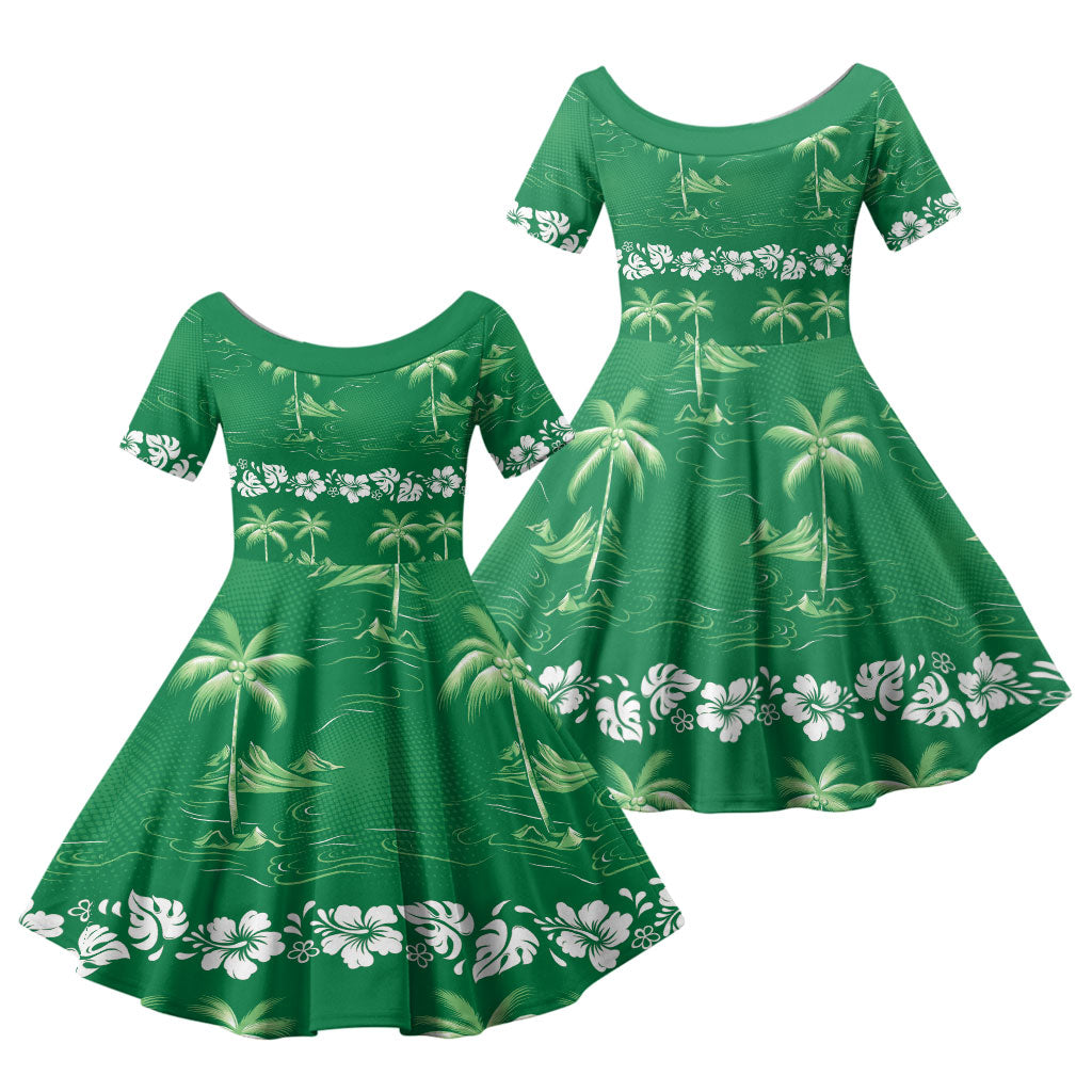 Green Hawaii Palm Tree Hibiscus Family Matching Off Shoulder Short Dress and Hawaiian Shirt Fantasy Summer Vibe LT01 Daughter's Dress Green - Polynesian Pride