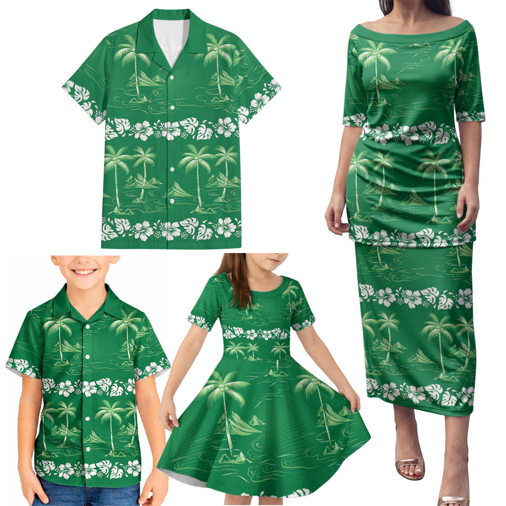 Green Hawaii Palm Tree Hibiscus Family Matching Puletasi and Hawaiian Shirt Fantasy Summer Vibe LT01 - Polynesian Pride