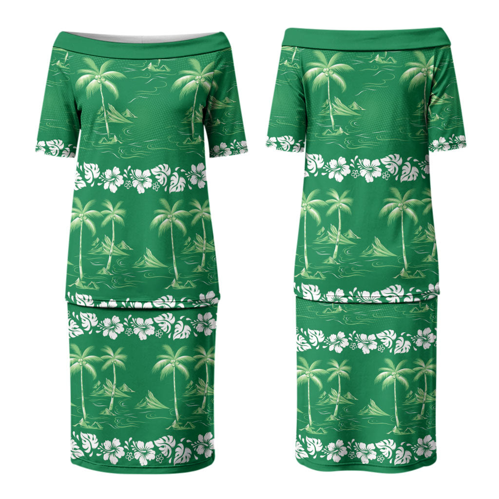 Green Hawaii Palm Tree Hibiscus Family Matching Puletasi and Hawaiian Shirt Fantasy Summer Vibe LT01 Mom's Dress Green - Polynesian Pride