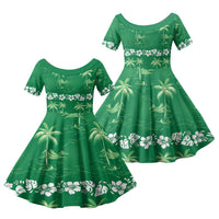 Green Hawaii Palm Tree Hibiscus Family Matching Puletasi and Hawaiian Shirt Fantasy Summer Vibe LT01 Daughter's Dress Green - Polynesian Pride