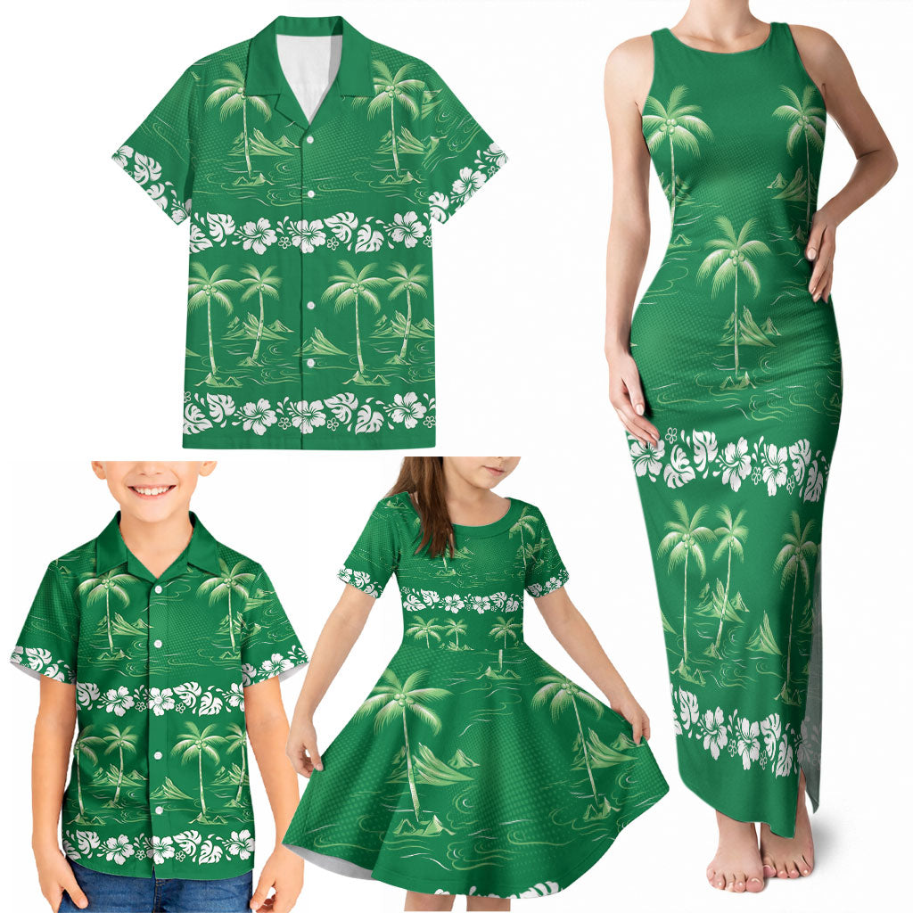 Green Hawaii Palm Tree Hibiscus Family Matching Tank Maxi Dress and Hawaiian Shirt Fantasy Summer Vibe LT01 - Polynesian Pride