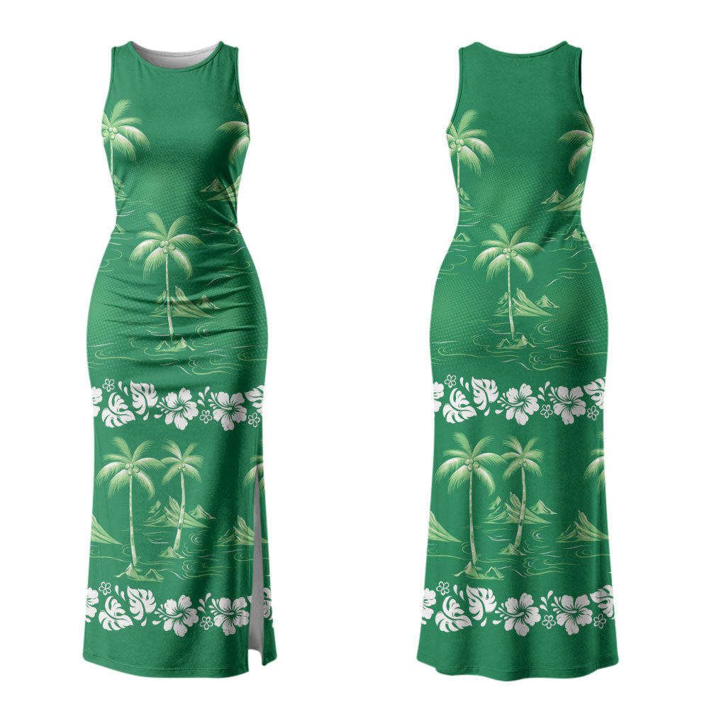 Green Hawaii Palm Tree Hibiscus Family Matching Tank Maxi Dress and Hawaiian Shirt Fantasy Summer Vibe LT01 Mom's Dress Green - Polynesian Pride