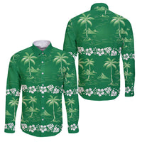 Green Hawaii Palm Tree Hibiscus Family Matching Tank Maxi Dress and Hawaiian Shirt Fantasy Summer Vibe LT01 Dad's Shirt - Long Sleeve Green - Polynesian Pride