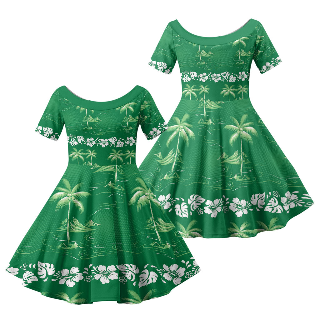 Green Hawaii Palm Tree Hibiscus Family Matching Tank Maxi Dress and Hawaiian Shirt Fantasy Summer Vibe LT01 Daughter's Dress Green - Polynesian Pride
