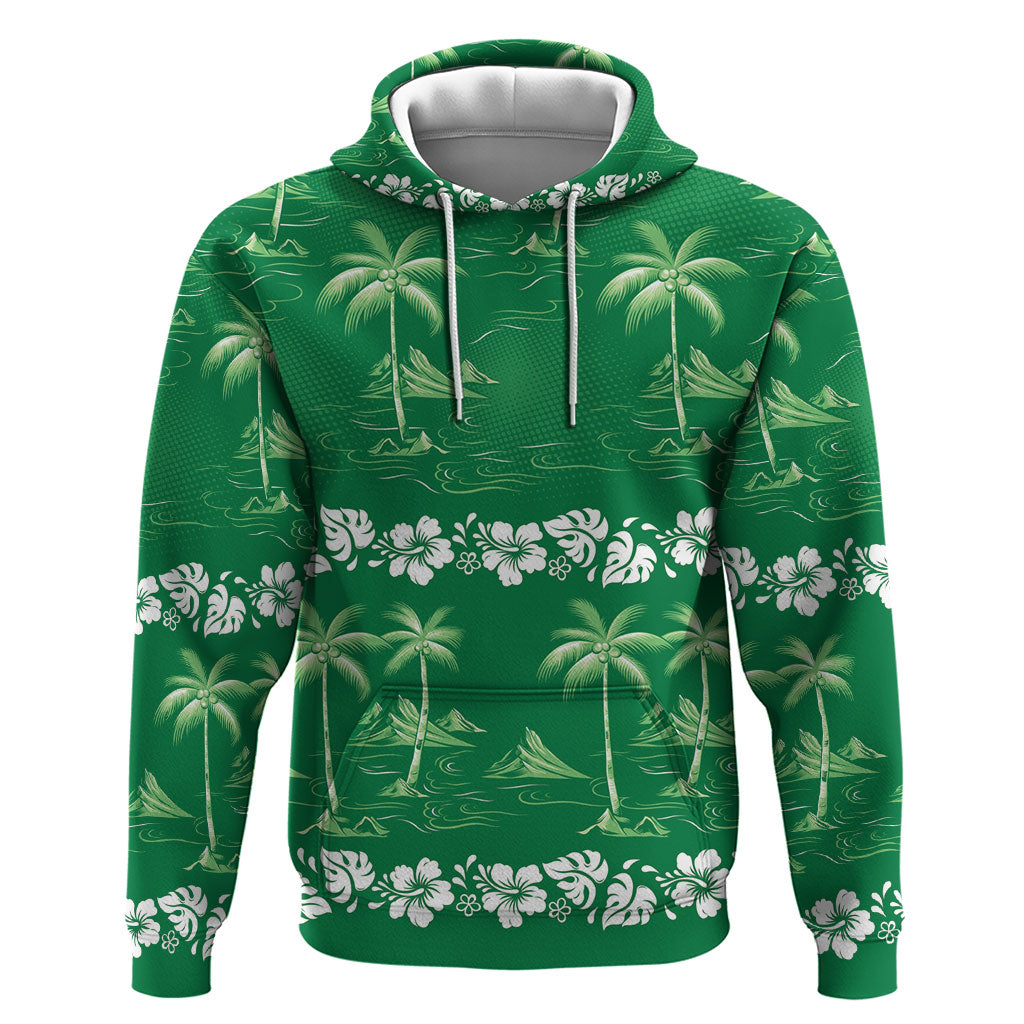 Green Hawaii Palm Tree Hibiscus Hoodie Fantasy Summer Vibe LT01 Pullover Hoodie Green - Polynesian Pride