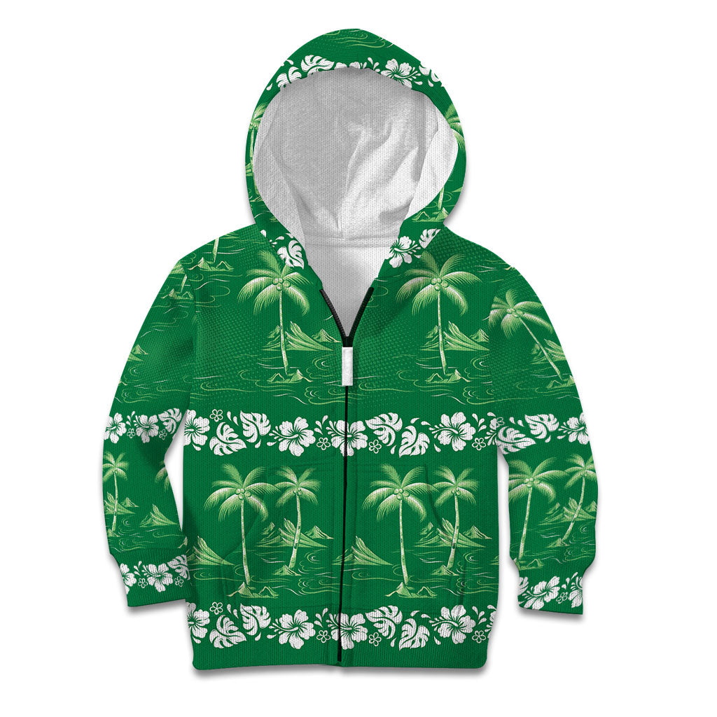 Green Hawaii Palm Tree Hibiscus Kid Hoodie Fantasy Summer Vibe LT01 Zip Hoodie Green - Polynesian Pride