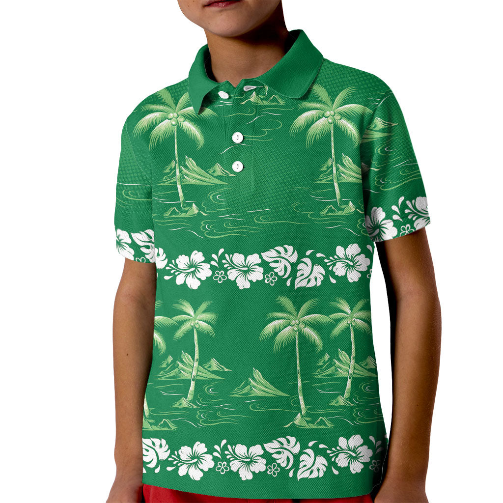 Green Hawaii Palm Tree Hibiscus Kid Polo Shirt Fantasy Summer Vibe LT01 Kid Green - Polynesian Pride