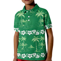 Green Hawaii Palm Tree Hibiscus Kid Polo Shirt Fantasy Summer Vibe LT01 Kid Green - Polynesian Pride