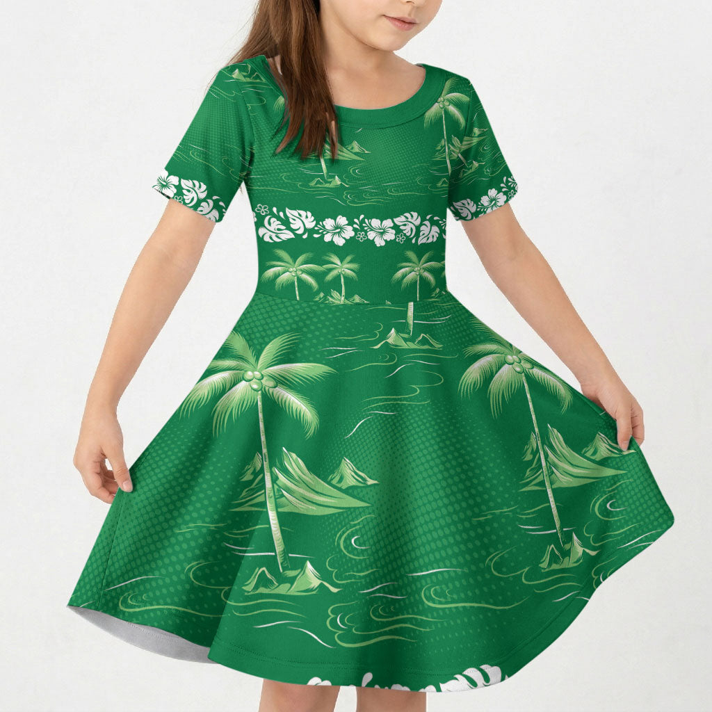 Green Hawaii Palm Tree Hibiscus Kid Short Sleeve Dress Fantasy Summer Vibe LT01 KID Green - Polynesian Pride
