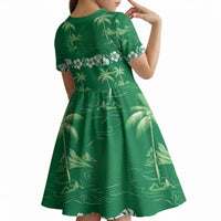 Green Hawaii Palm Tree Hibiscus Kid Short Sleeve Dress Fantasy Summer Vibe LT01 - Polynesian Pride