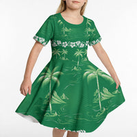 Green Hawaii Palm Tree Hibiscus Kid Short Sleeve Dress Fantasy Summer Vibe LT01 - Polynesian Pride