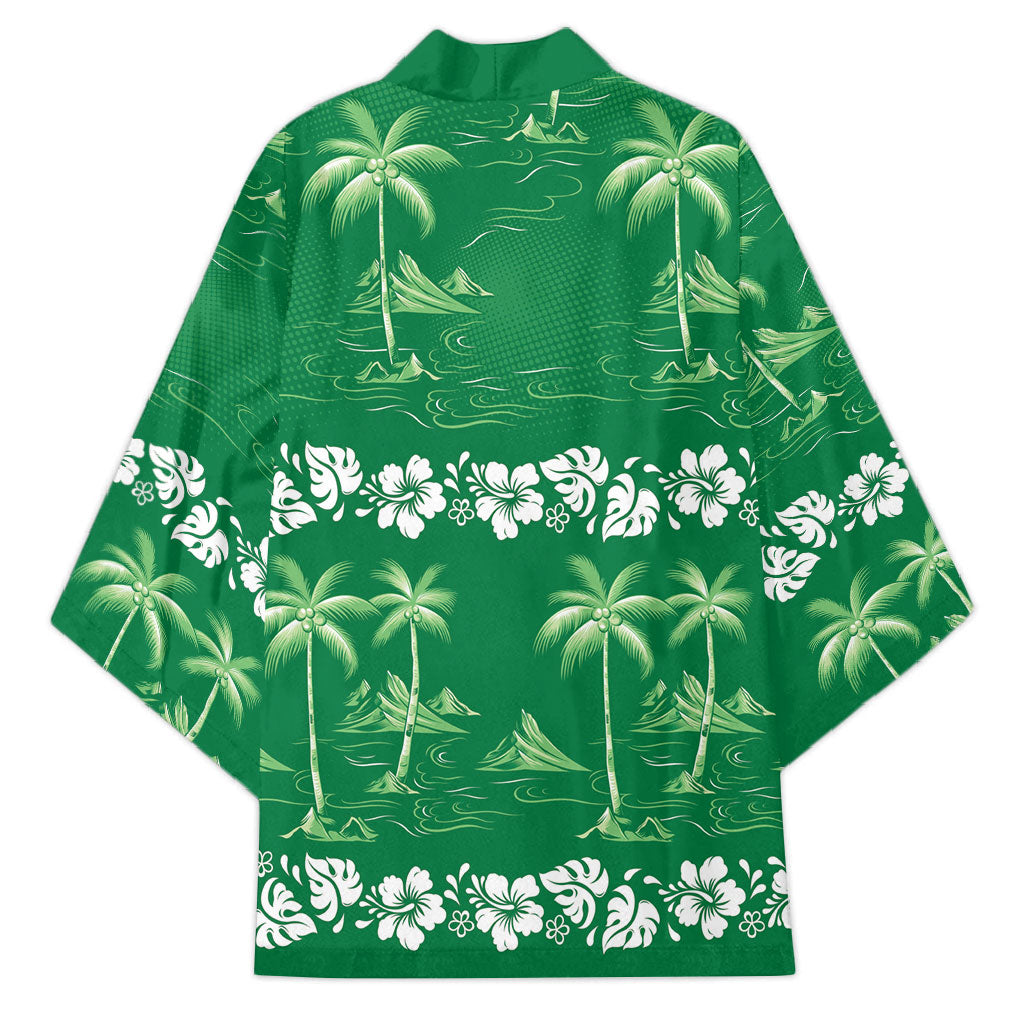 Green Hawaii Palm Tree Hibiscus Kimono Fantasy Summer Vibe LT01 - Polynesian Pride