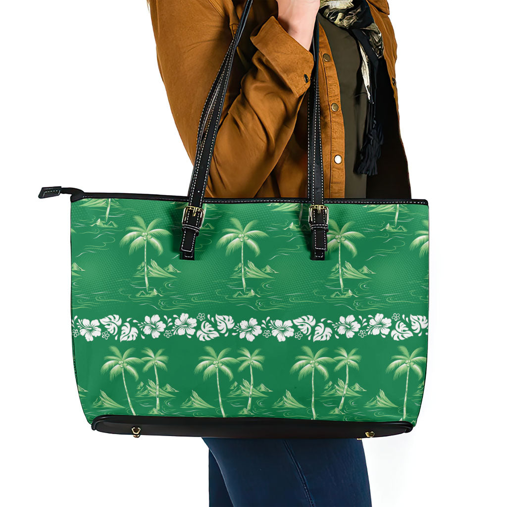 Green Hawaii Palm Tree Hibiscus Leather Tote Bag Fantasy Summer Vibe LT01 - Polynesian Pride