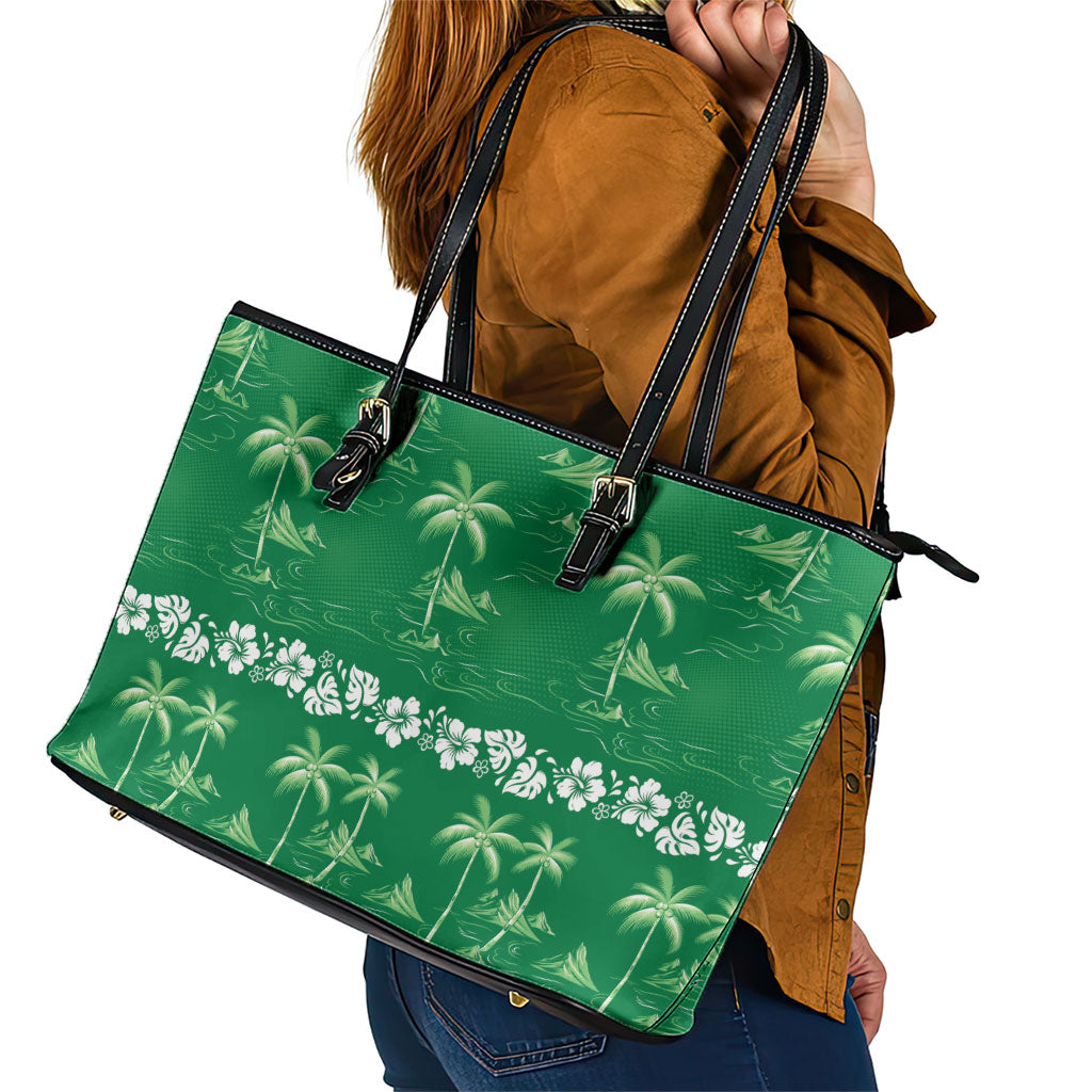 Green Hawaii Palm Tree Hibiscus Leather Tote Bag Fantasy Summer Vibe LT01 - Polynesian Pride