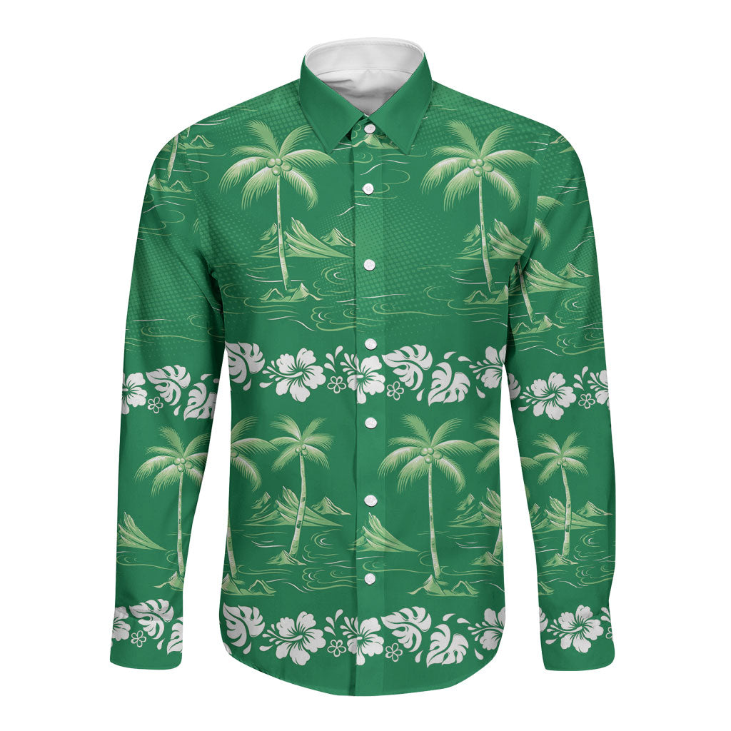 Green Hawaii Palm Tree Hibiscus Long Sleeve Button Shirt Fantasy Summer Vibe LT01 Unisex Green - Polynesian Pride