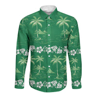 Green Hawaii Palm Tree Hibiscus Long Sleeve Button Shirt Fantasy Summer Vibe LT01 Unisex Green - Polynesian Pride