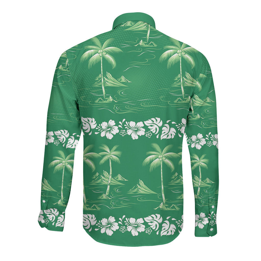 Green Hawaii Palm Tree Hibiscus Long Sleeve Button Shirt Fantasy Summer Vibe LT01 - Polynesian Pride