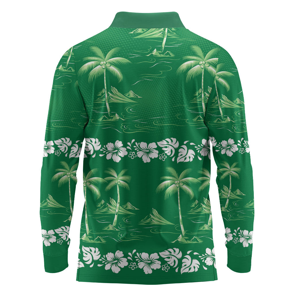Green Hawaii Palm Tree Hibiscus Long Sleeve Polo Shirt Fantasy Summer Vibe LT01 - Polynesian Pride